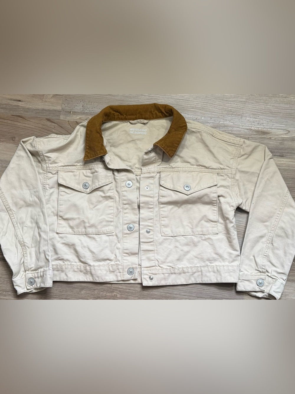 Weekend Academy Cropped Beige Jean Jacket with Brown Corduroy Collar